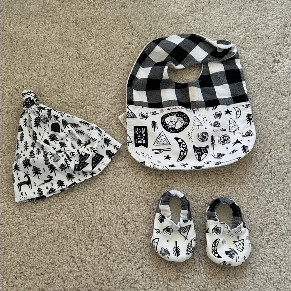 Monochrome Baby Bib, Hat, and Booties Set
